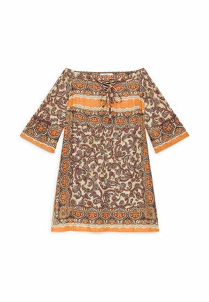 Tunica in stile boho con maniche a tre quarti, motivo paisley e floreale arancione e marrone, scollo con lacci e bordi decorativi a righe.