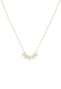 Collana d'oro con cinque rhinestone trasparenti a forma di goccia montati su impostazioni dorate, con una catena sottile e delicata.