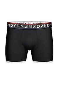 Schwarze Boxer-Shorts mit einem strukturierten Bund, der mit weißen, roten und blauen Akzenten verziert ist. Slim Fit, kniehoch, mit weißen Bordüren an den Beinöffnungen.
