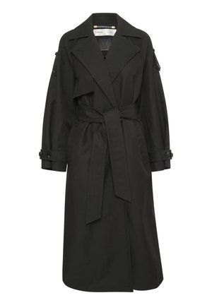 Cappotto trench nero realizzato in tessuto leggero, con vita regolabile, grandi rever e polsini con bottoni. Design semplice ed elegante.