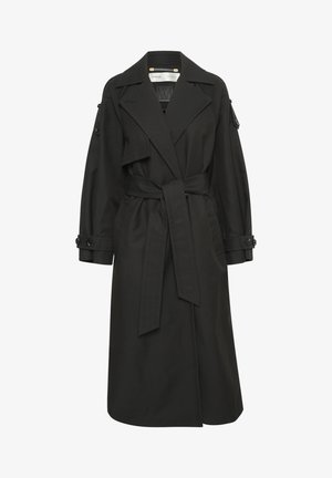 Sort trenchcoat lavet af letvægtsstof, med bælte i taljen, store kraver og knapmanchetter. Enkel og elegant design.
