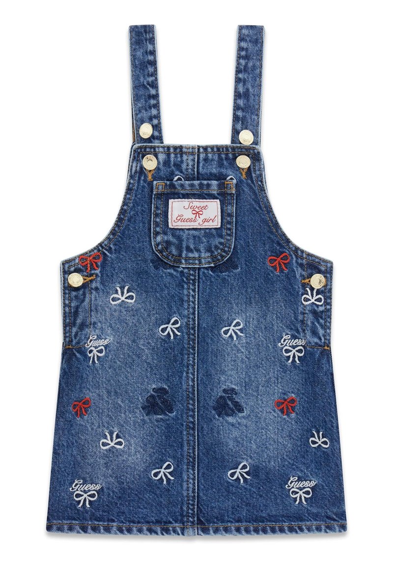 Niebieska sukienka ogrodniczka z denimu, ozdobiona haftowanymi kokardkami w czerwonym i białym kolorze, z regulowanymi ramiączkami, przednią kieszenią oraz oznaczoną metką.