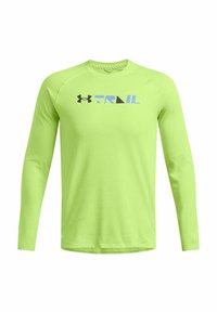 Langärmliges Sportshirt in leuchtendem Limettengrün, mit einem blauen "TRAIL"-Grafik und einem Rundhalsausschnitt. Hergestellt aus leichtem, atmungsaktivem Material.