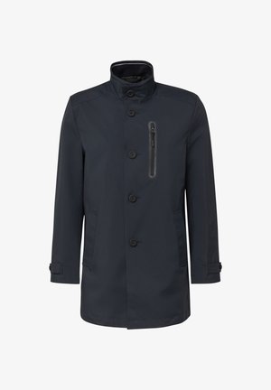 Marineblauwe herenjas van middellange lengte met hoge kraag, vier knopen aan de voorkant, een borstzak met rits en manchetten met knopen.