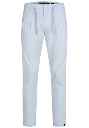Lichtblauwe broek met elastische tailleband van een textuurstof, trekkoordsluiting en twee zijzakken. Rechte pijpen met subtiele plooien.