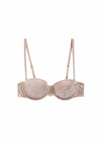 Reggiseno imbottito con pizzo in satin beige morbido. Presenta spalline regolabili e chiusura a gancio e occhiello. Tessuto liscio con dettagli intricati.
