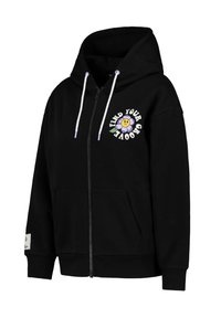 Zwarte hoodie met rits, gemaakt van zachte stof, met een vooraan afbeelding van een bloem en een glimlachend gezicht, witte trekkoorden en zijzakken.