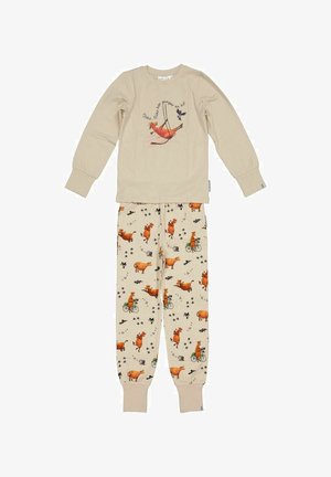 Børns beige pyjamas med lange ærmer, prydet med illustrationer af køer, der svinger og cykler, samt detaljer med sort fugl og poteaftryk.