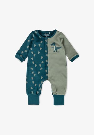 Green and blue baby onesie with long sleeves, featuring a crocodile graphic and tulip-patterned fabric on one side. Snap button closure.
