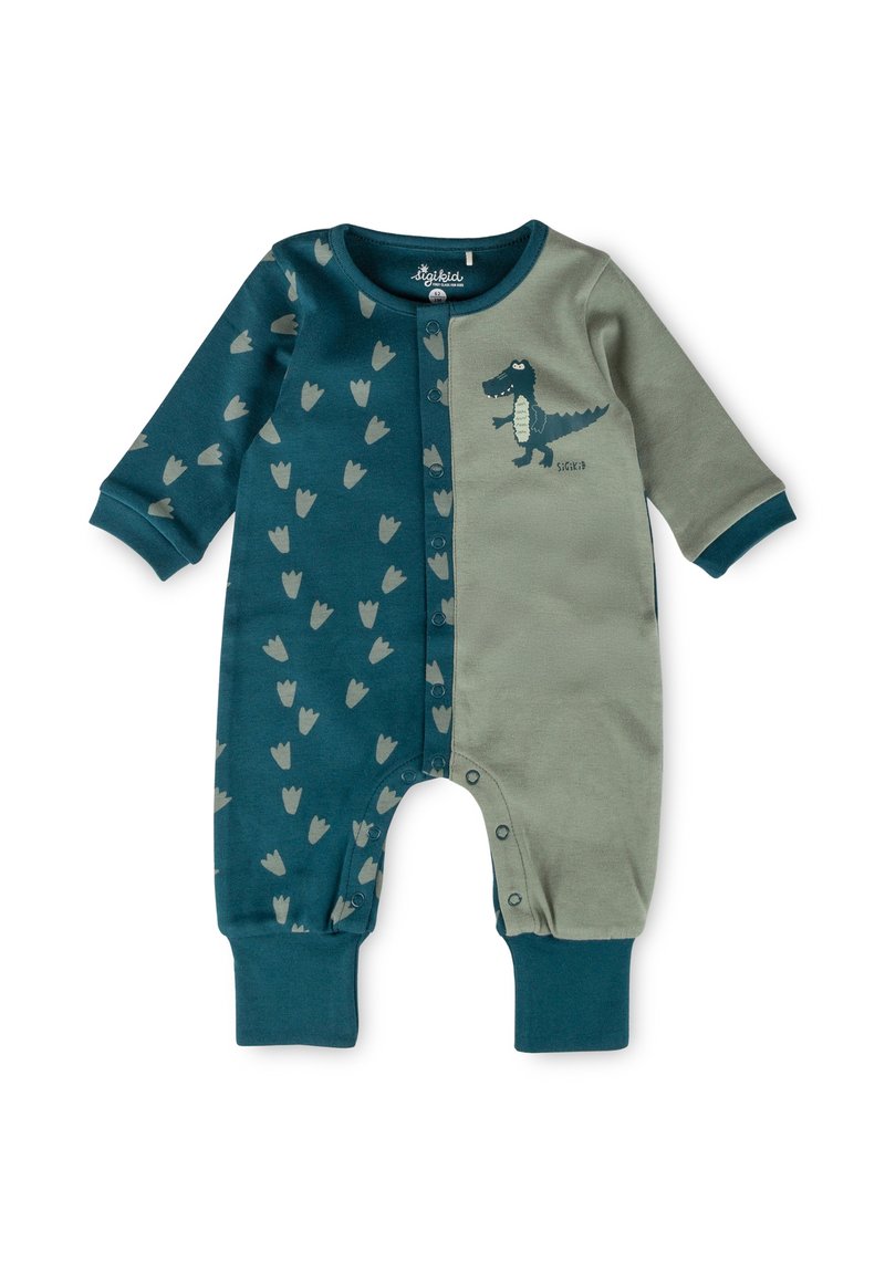Green and blue baby onesie with long sleeves, featuring a crocodile graphic and tulip-patterned fabric on one side. Snap button closure.
