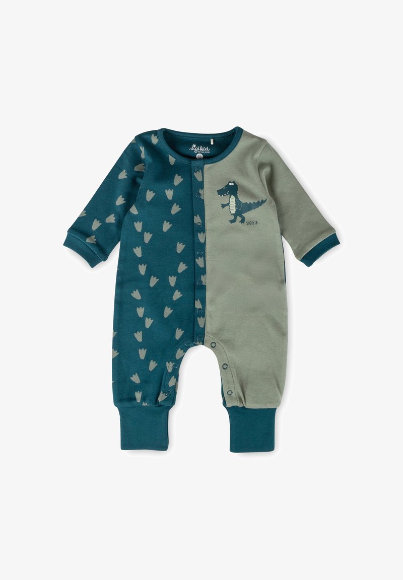 Grüner und blauer Baby-Overall mit langen Ärmeln, mit einem Krokodil-Graphic und tulpenmustertem Stoff auf einer Seite. Druckknopfverschluss.