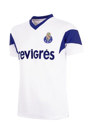 Wit voetbalshirt met blauwe kraag en schouderaccenten, "revigrés" sponsortekst en FC Porto-embleem op de borst.