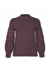 Maglione in filato viola scuro con collo a mock neck scallop e maniche a palloncino testurizzate che terminano con polsini a coste.