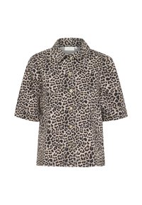 Chemise à manches courtes boutonnée en beige avec un imprimé léopard noir, dotée d'un col, de boutons dorés à l'avant et d'une coupe décontractée.