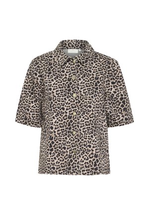 Korte mouw button-up shirt in beige met zwart luipaardprint, met een kraag, goudkleurige knopen aan de voorkant en een relaxte pasvorm.