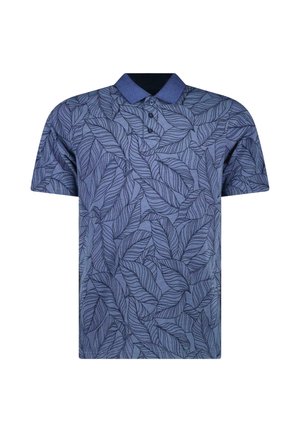 Korte mouwen polohemd in blauwe stof met een bladpatroon, voorzien van een donkerblauwe kraag en twee knopen bij de halslijn.