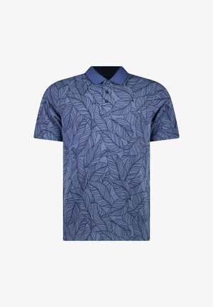 Korte mouwen polohemd in blauwe stof met een bladpatroon, voorzien van een donkerblauwe kraag en twee knopen bij de halslijn.