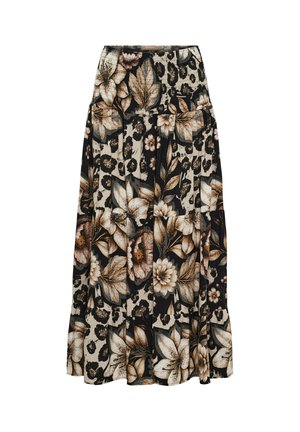 Lang nederdel med sort, beige og brun blomster- og leopardmønstret, med store blomster og blade.