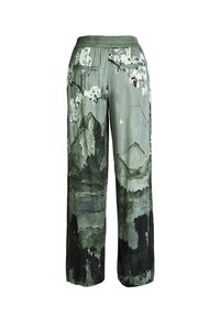 Loose-fit pants with elastic waistband, featuring a green and black mountain and floral landscape print, two back welt pockets.