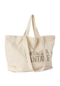 Sac fourre-tout en toile beige avec deux longues poignées et "AMERICAN VINTAGE" imprimé en texte gris sobre et en gras sur un côté. Design simple et spacieux.