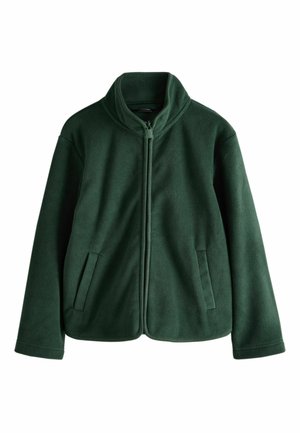 Dunkelgrüne Fleecejacke mit durchgehendem Frontreißverschluss, zwei Seitentaschen und hohem Kragen.