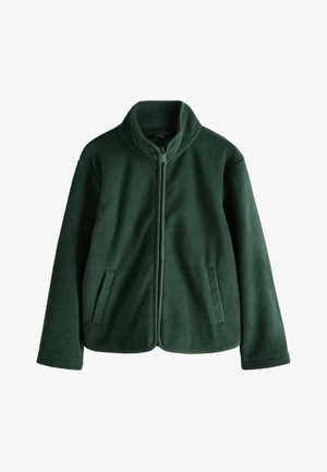 Dunkelgrüne Fleecejacke mit durchgehendem Frontreißverschluss, zwei Seitentaschen und hohem Kragen.