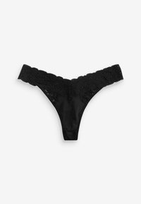 Zwarte kant slip met golvende randen en bloemenpatronen. Glad materiaal loopt naar de achterkant, waardoor een minimalistisch ontwerp ontstaat.