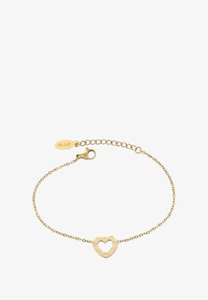 Delikatna złota bransoletka łańcuszkowa z otwartym sercem zdobionym małymi, przezroczystymi kamieniami oraz z zapięciem typu lobster.