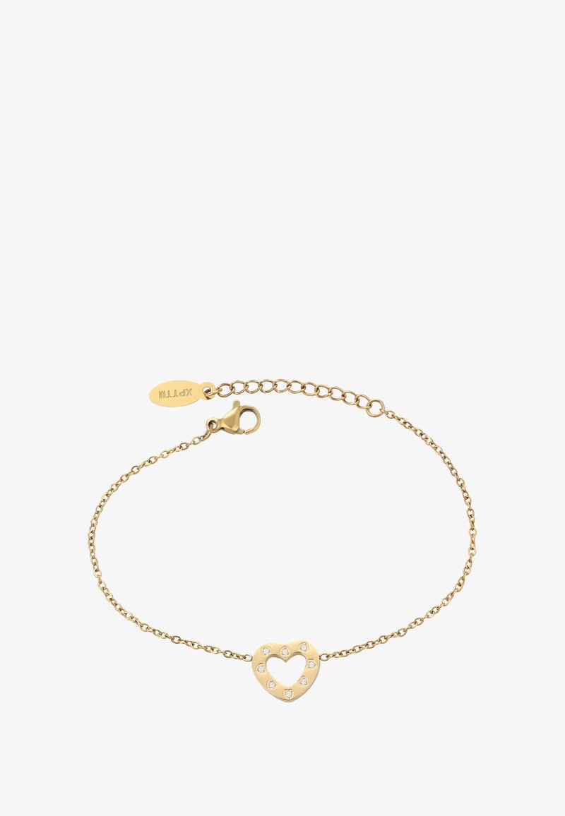 Finom arany lánc karkötő nyitott szív charm-mal, apró átlátszó kövekkel díszítve, és homárkapoccsal záródik.