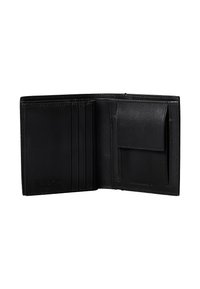 Sort læderpung med flere kortlommer, en sektion til sedler og en møntlomme. Glat tekstur og minimalistisk design.