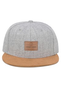 Gray wool blend cap with a tan suede brim, featuring a leather label embossed with "JOHNNY URBAN" on the front.