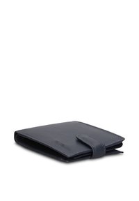 Marineblauwe leren portemonnee met een gladde textuur, rechthoekige vorm, overslagsluiting en subtiel geperst merkembleem. Compact ontwerp.