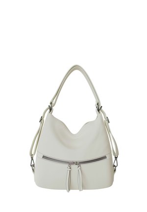 White leather handbag with a curved top, dual handles, and a front horizontal zipper pocket with two zipper pulls.
