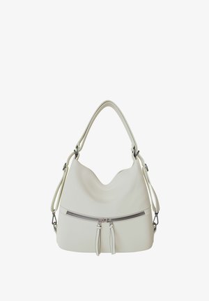 White leather handbag with a curved top, dual handles, and a front horizontal zipper pocket with two zipper pulls.