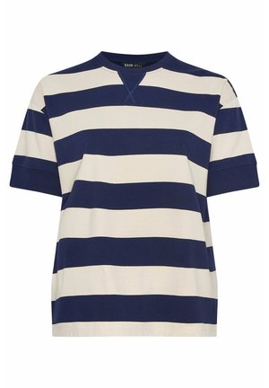 Marineblå og hvide horisontale stribede kortærmede skjorte med rund hals og forstærket V-sømme detalje ved kraven.