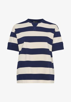 Marineblå og hvide horisontale stribede kortærmede skjorte med rund hals og forstærket V-sømme detalje ved kraven.