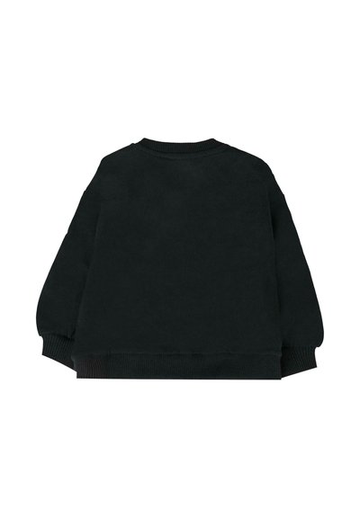 Felpa nera con vestibilità ampia, presenta polsini e scollatura a costine, texture morbida e un design minimalista privo di logo o motivi visibili.