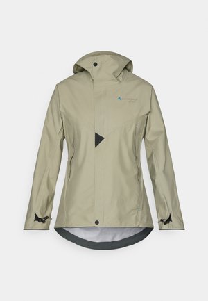 Light beige waterproof jacket with a hood, zippered pockets, adjustable cuffs, and a geometric design on the front.