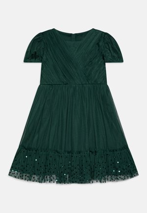 Dunkelgrünes kurzärmeliges Kleid mit plissiertem Oberteil, Mesh-Rock und mit Pailletten verzierter Rüsche am Saum.