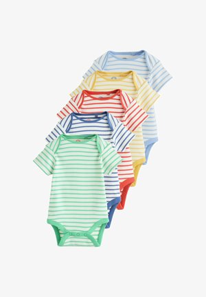 Sæt med fem korte ærmede bodystockings i bomuld med stribede mønstre. Farverne inkluderer grøn, blå, rød, gul og hvid. Trykknaplukning i bunden.