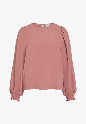 Bluză lungă cu mâneci dintr-un material texturat, de culoare roz prăfuit. Prezintă un decolteu rotund, mâneci bufante pliate și manșete cu elastic. Închidere cu nasturi la spate.