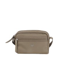 Borsetta beige con zip e tasca frontale, realizzata in tessuto resistente. Presenta un piccolo logo e una maniglia laterale per un facile trasporto.