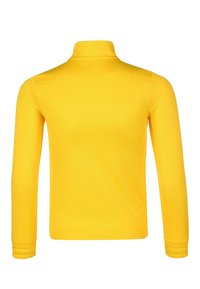 Pullover giallo a maniche lunghe con colletto alto e polsini a coste, caratterizzato da una trama liscia e un design aderente, vista posteriore mostrata.