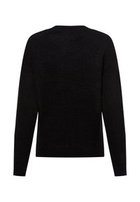 Schwarzer gestrickter Pullover mit Rundhalsausschnitt, langen Ärmeln und entspannter Passform. Die Textur wirkt weich und leicht flauschig.