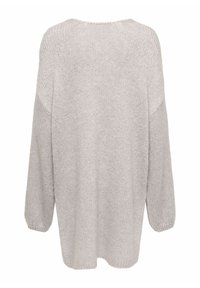 Jasnoszary, oversize'owy sweter z miękkiego, teksturowanego dziania. Posiada opuszczone ramiona i długie rękawy, okrągły dekolt oraz boczne rozcięcia.