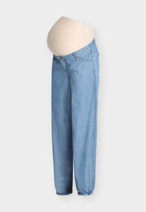 Lyseblå graviditetsjeans med et utvidbart beige midjebånd designet for å romme en gravid mage.
