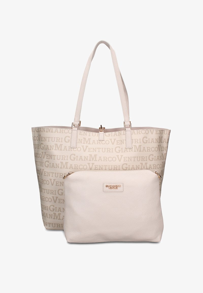 Sac fourre-tout beige avec motif texte « GIAN MARCO VENTURI » et pochette beige uni assortie avec fermeture éclair dorée et plaque logo.
