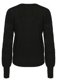 Svart tröja med en strukturerad, mönstrad design på ärmarna, rund halsringning och tighta mudd. Mjukt stickat material.