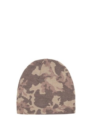 Bonnet en maille douce avec un motif camouflage dans des nuances de brun et beige, présenté à plat sur un fond blanc.