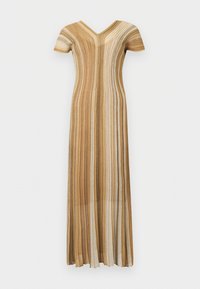 Robe longue à manches courtes avec rayures verticales beige et marron clair, décolletée en V, présentée sur un fond blanc.